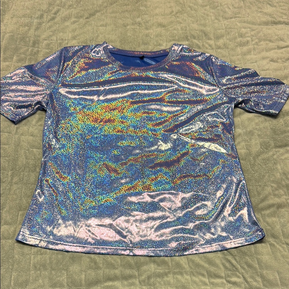 Sparkly, Shimmery Short Sleeve Shirt, Blue, Rainbow, Glitter, Size S